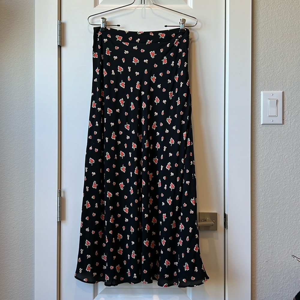 NWT Boden Bias Cut Midi Skirt, Size 8, Black with Floral Pattern